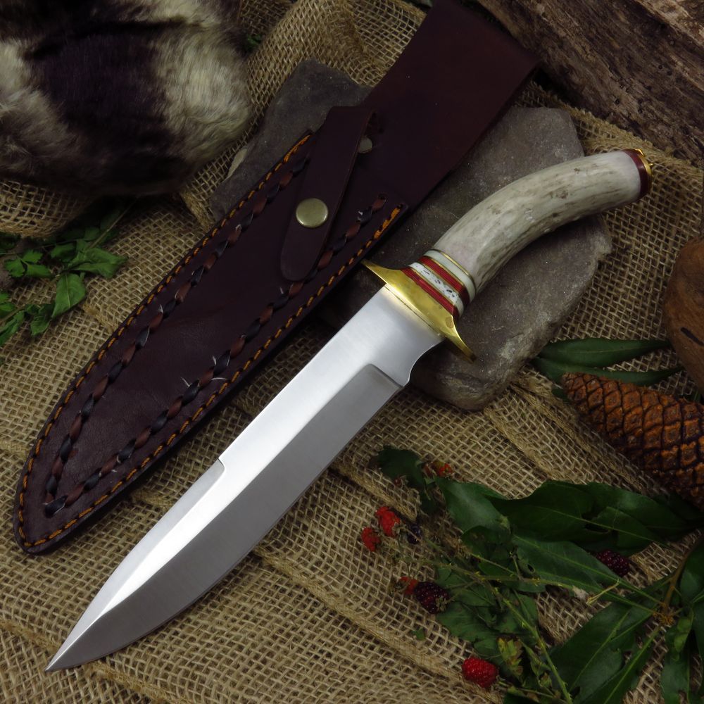 FIXED-BLADE BOWIE KNIFE | 13" Stag Handle Brass Frontier Blade w/ Leather Sheath