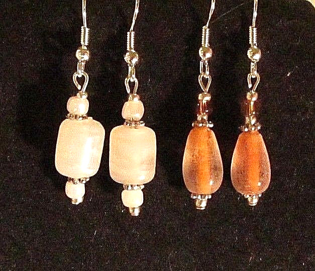 Two Pair White & Brown Beaded Silver Plated Pierced Earrings (#206) NEW