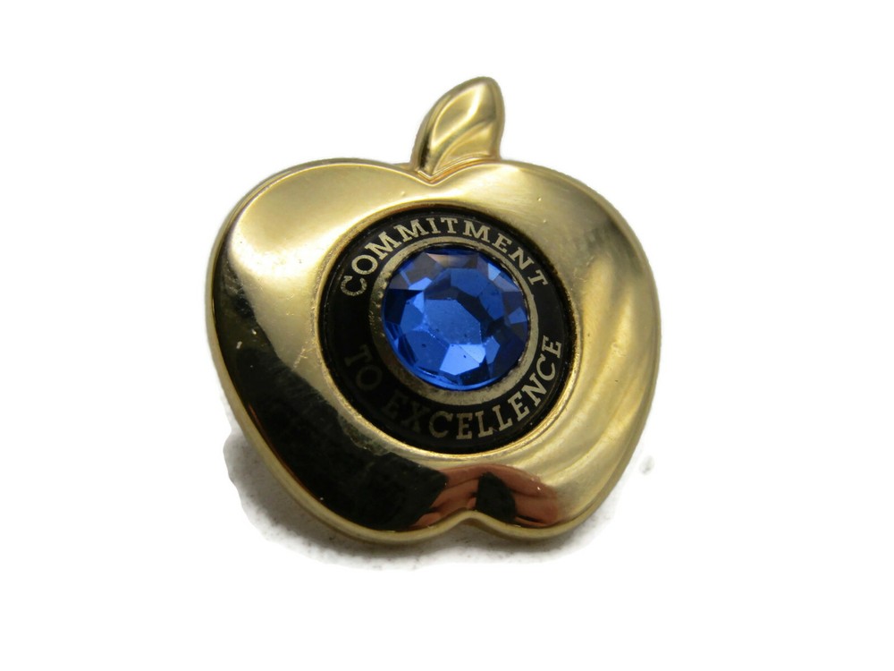 Commitment to Excellence Award Pin Gold Tone Apple Shape Blue Rhinestone Lapel