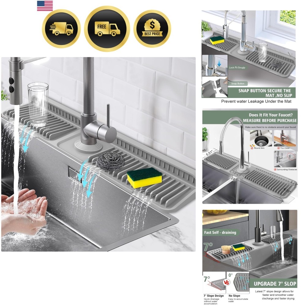 24-Inch Kitchen Sink Splash Guard Mat | 7° Slope for Fast Self-Draining | Sna...