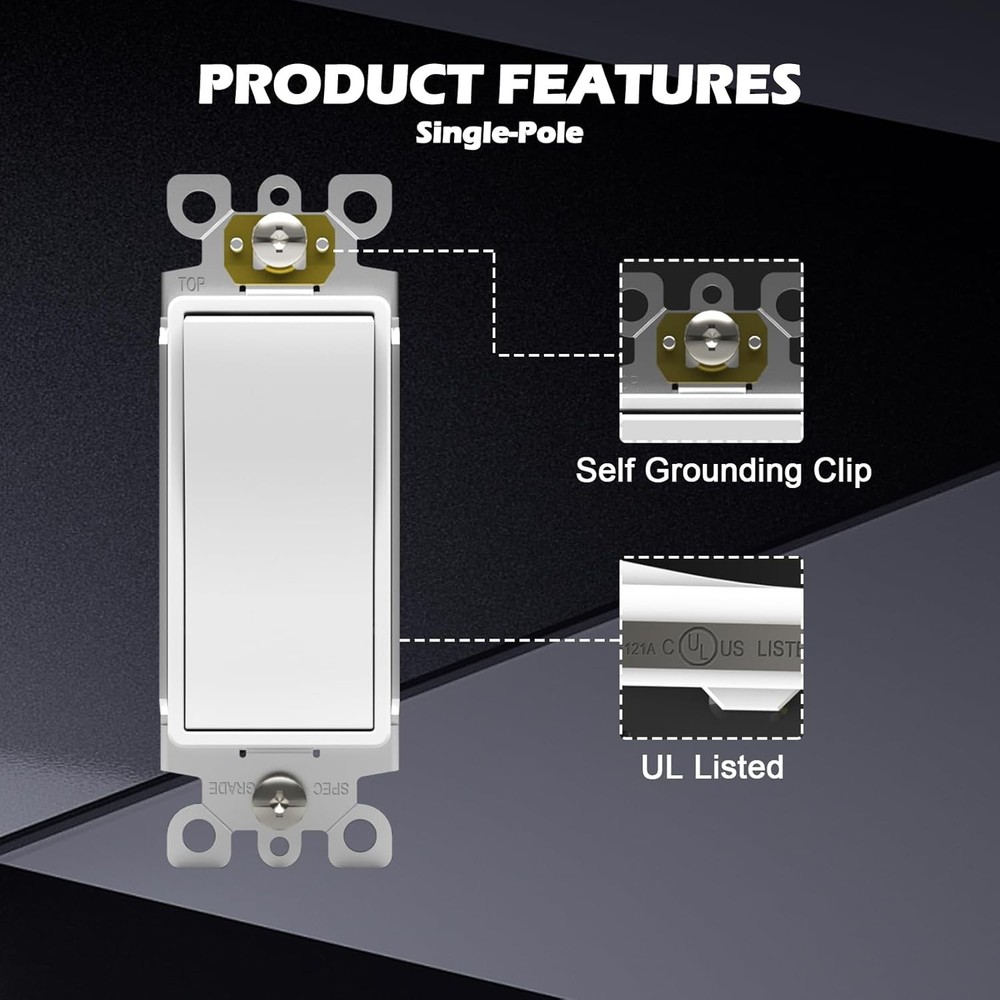 ThunderWay Single Pole Light Switch, Rocker Wall Light Switch, 15A 120/277V, Dec