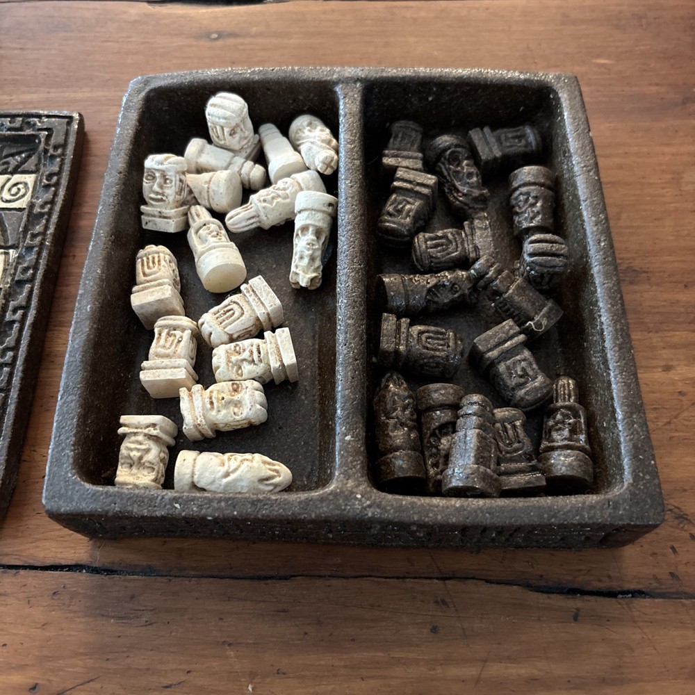 Vintage Mini Mayan Aztec Chess Set Complete Brown & Cream