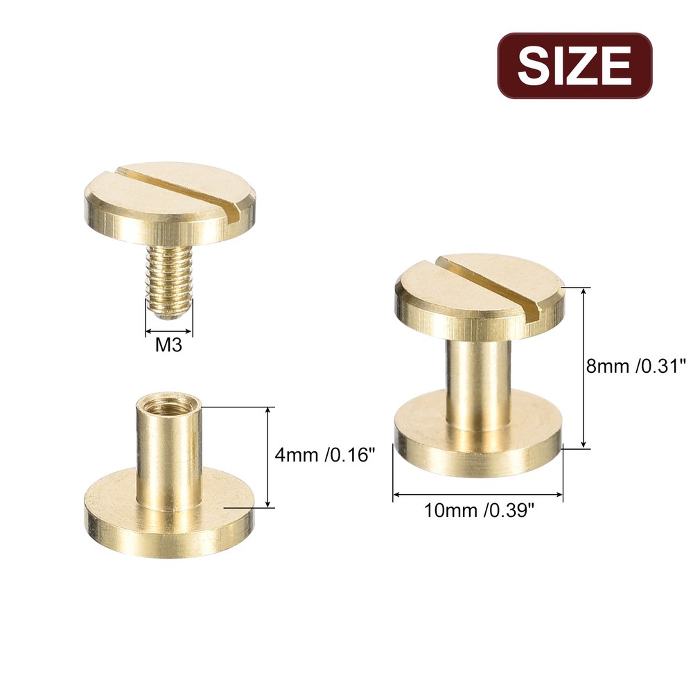 25Pack Brass Chicago Screws, 4x10mm Post Nail Stud Rivets, Gold