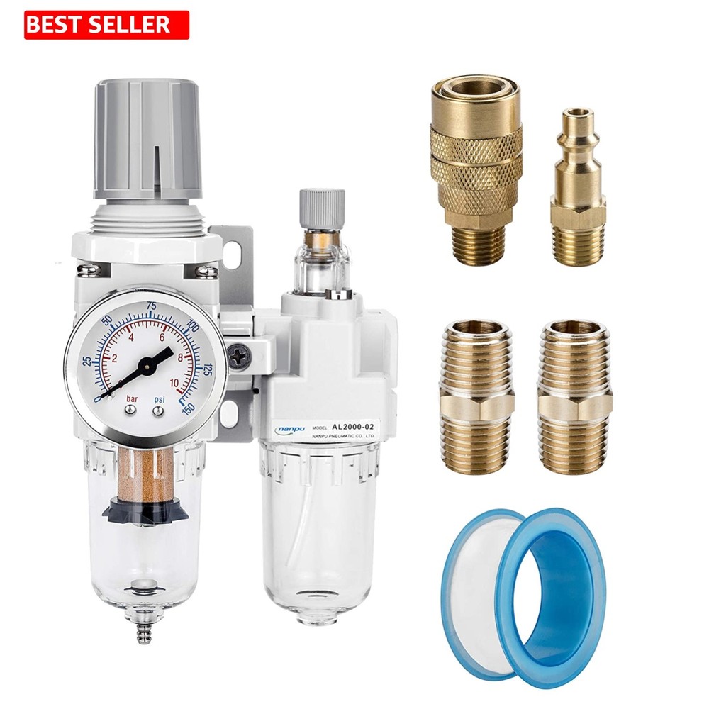 1/4" NPT Compressed Air Filter Regulator Lubricator - 0-150 PSI Essential Combo