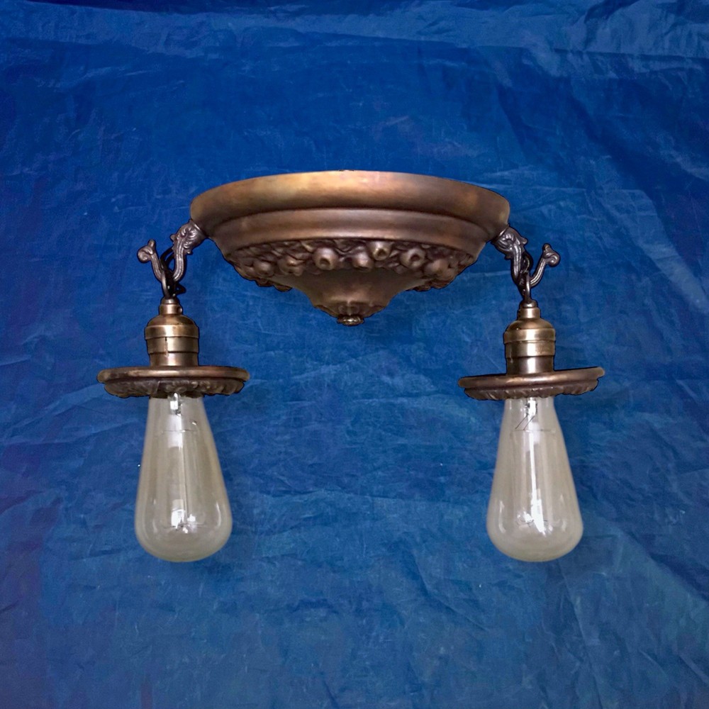 Vintage Antique Flush Mount Light Fixture Two Lights Two Socket Wired 55C