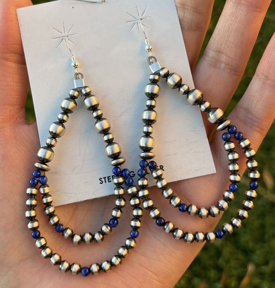 Sterling Silver Pearls Double Loop Lapis Bead Earrings.