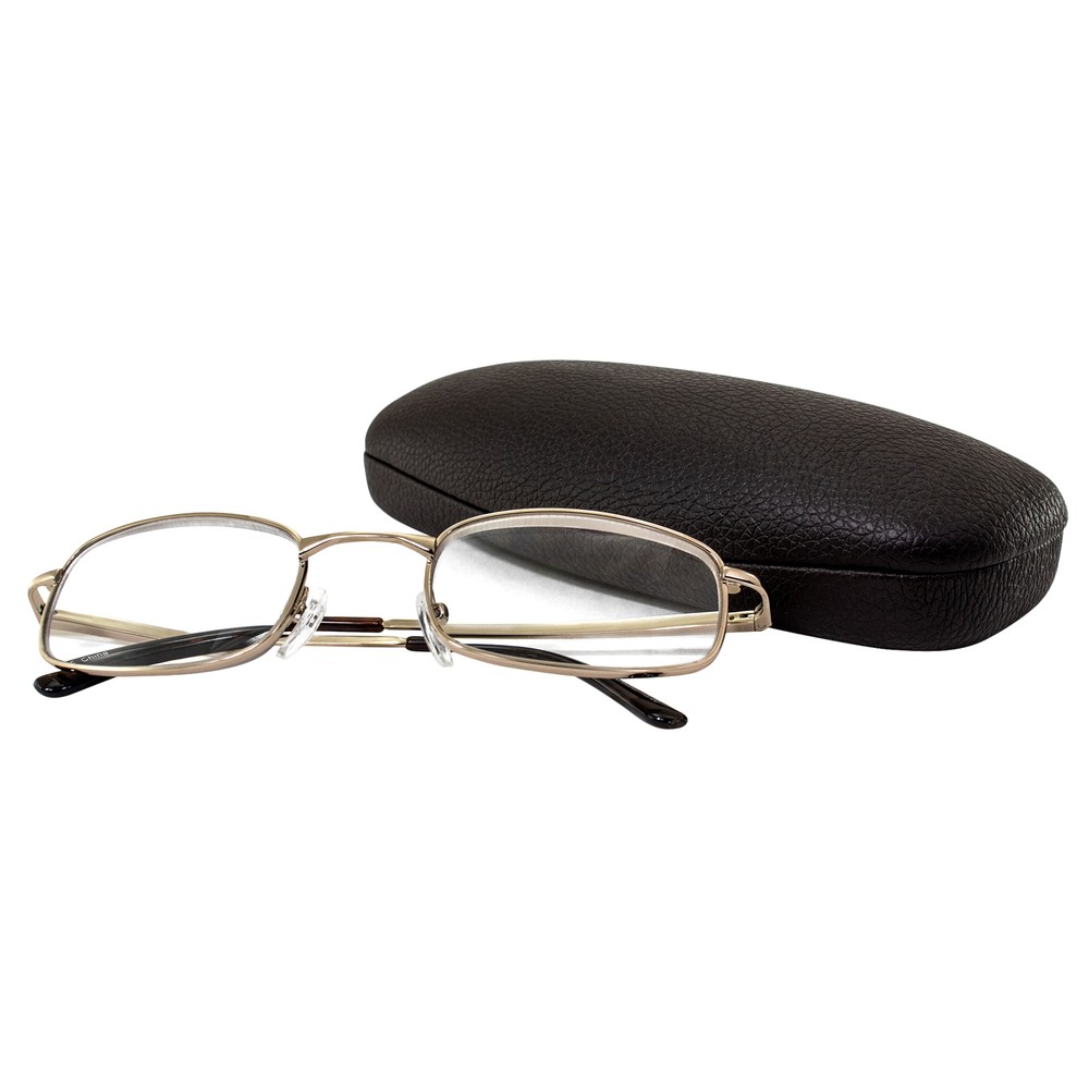 Men's High Powered Reading Glasses Gold Frame & Case +6.00 Mag Aspheric Lens