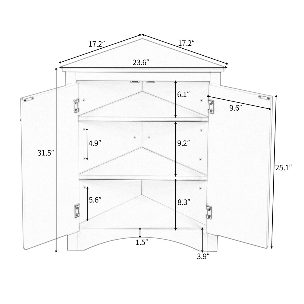 White Triangle Bathroom Storage Cabinet with Adjustable Shelves, Freestanding