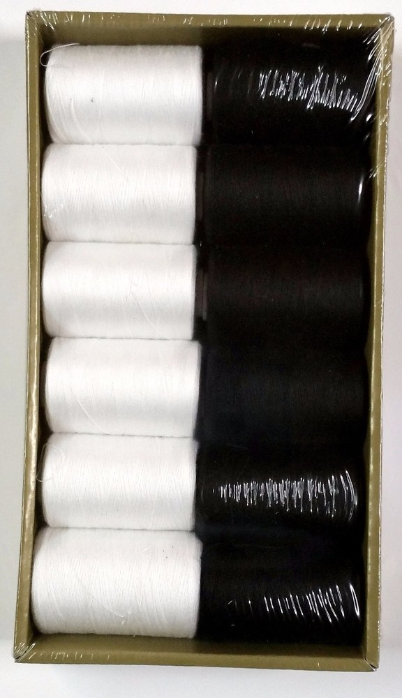 12 Spools Sewing Thread Polyester White and Black 1200 yards each Spool - NEW