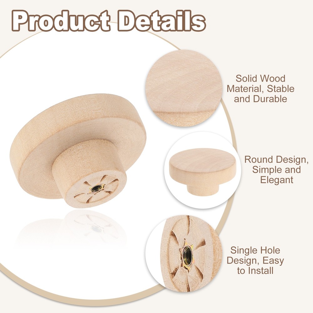 6 Set Round Wood Drawer Knob 2" Diameter Flat Round Dresser Knobs Wooden Knobs