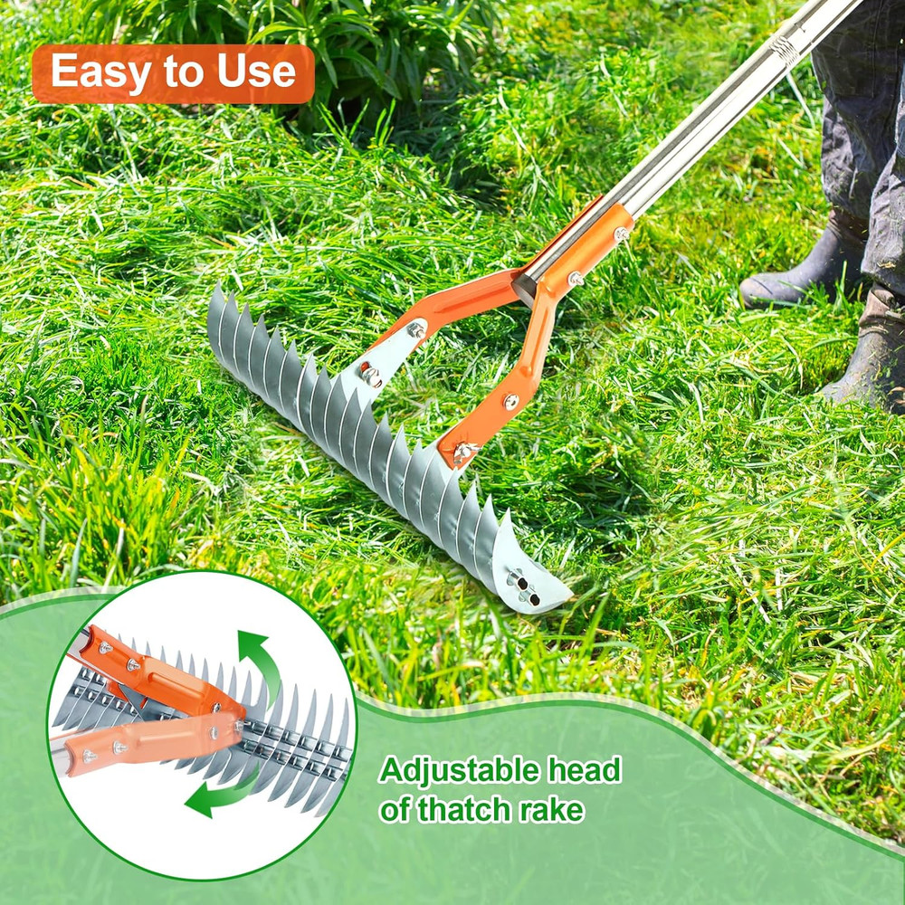 Thatch Rake, 15 Inch Lawn Thatching Rake, Heavy-Duty Dethatcher Rake with Gloves