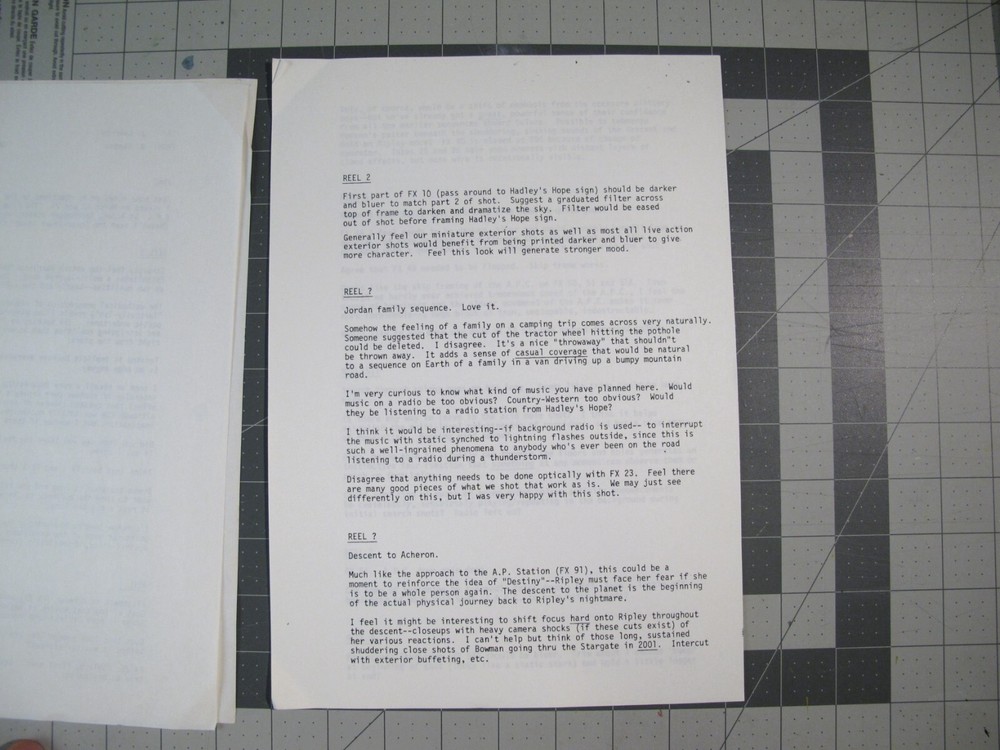 1985 Aliens movie LA Effects special effects production progress crew notes ALI