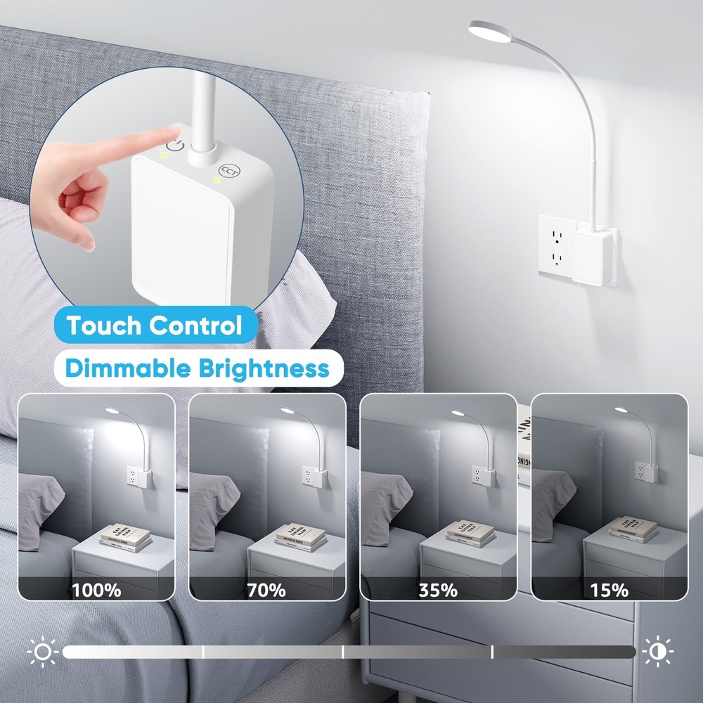Plug in Book Reading Light, White Flexible Dimmable Wall Sconce Night Lamp wi...