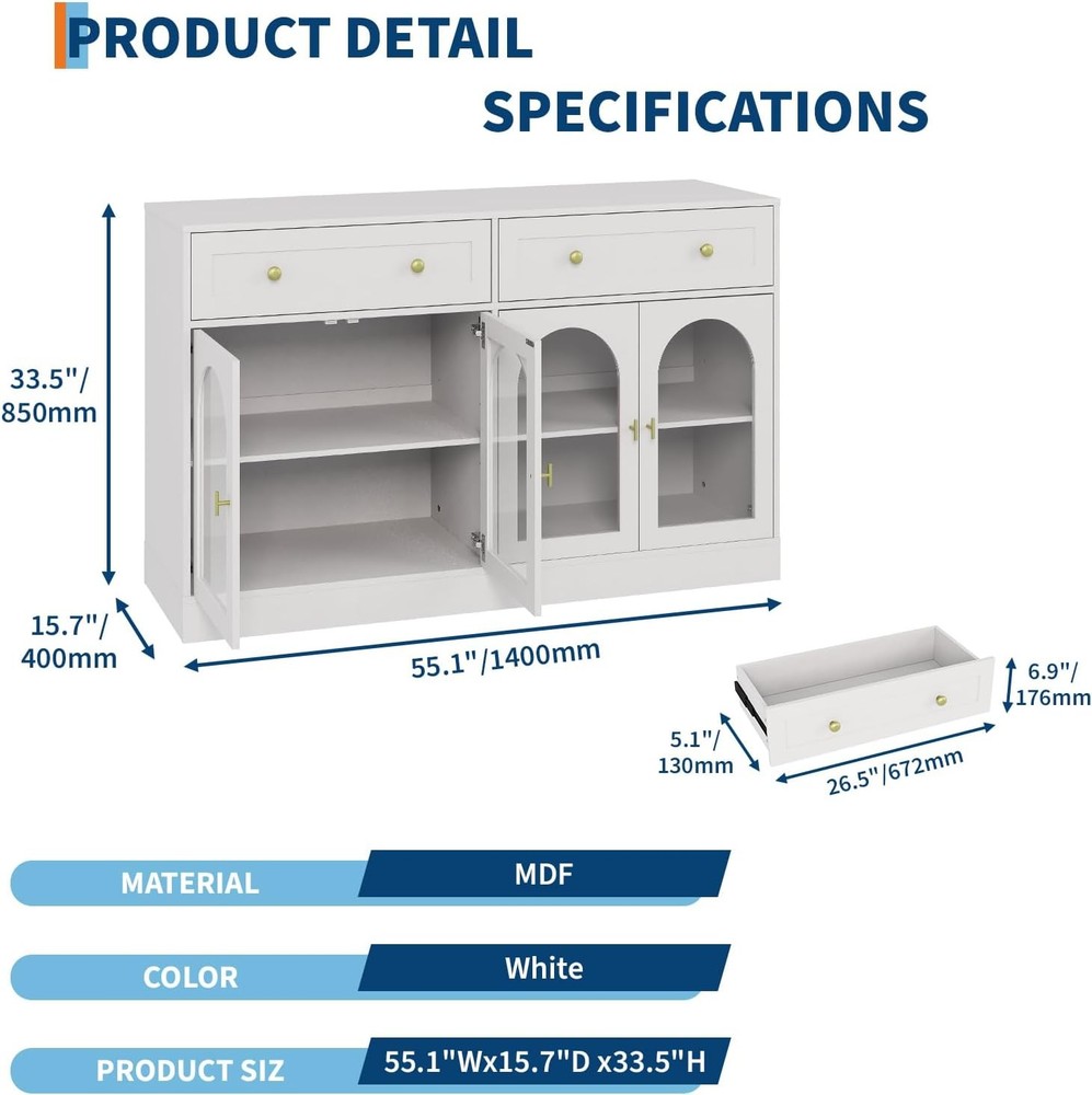 Modern 55" Sideboard Buffet Cabinet – Doors, Storage Drawers, Adjustable Shelves