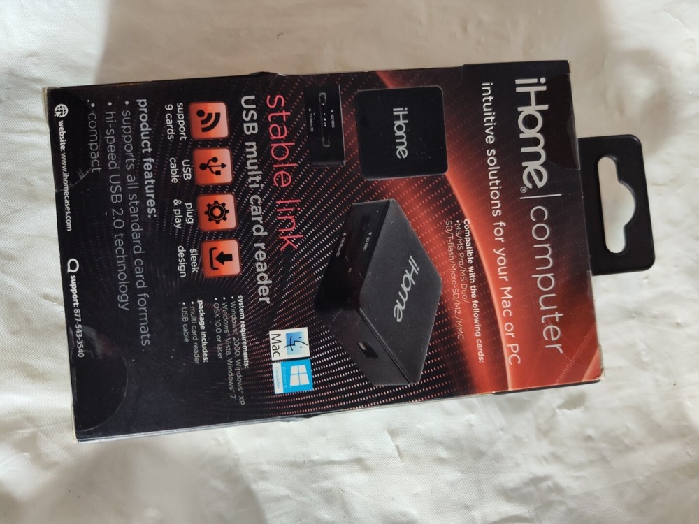iHome Stable Link USB Multicard Reader IH-U201B Black Sealed