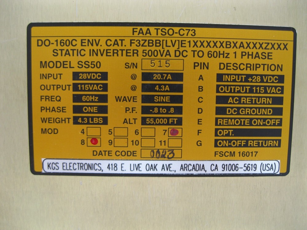 KGS ELECTRONICS SS50 STATIC INVERTER PN: SS50 DUAL RELEASE 8130