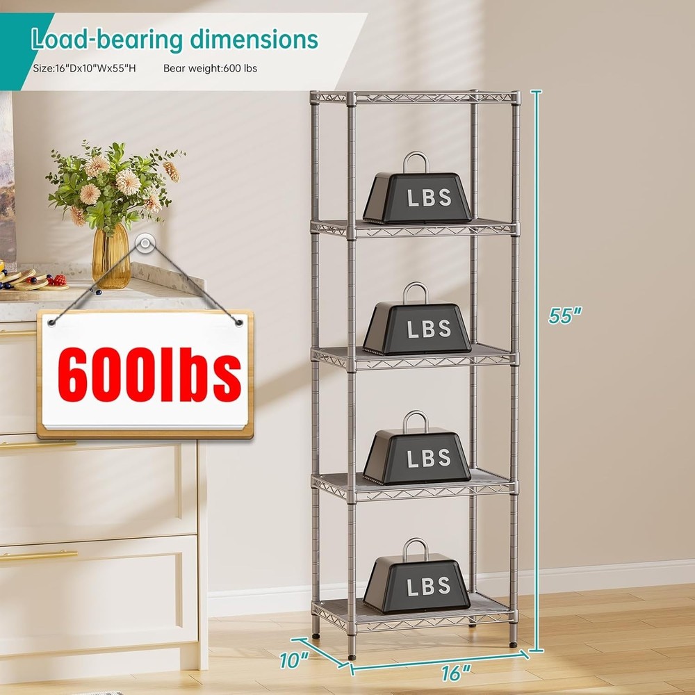 Heavy Duty 5-Tier Shelving Unit – Rustproof Design, Perfect for Kitchen & Closet