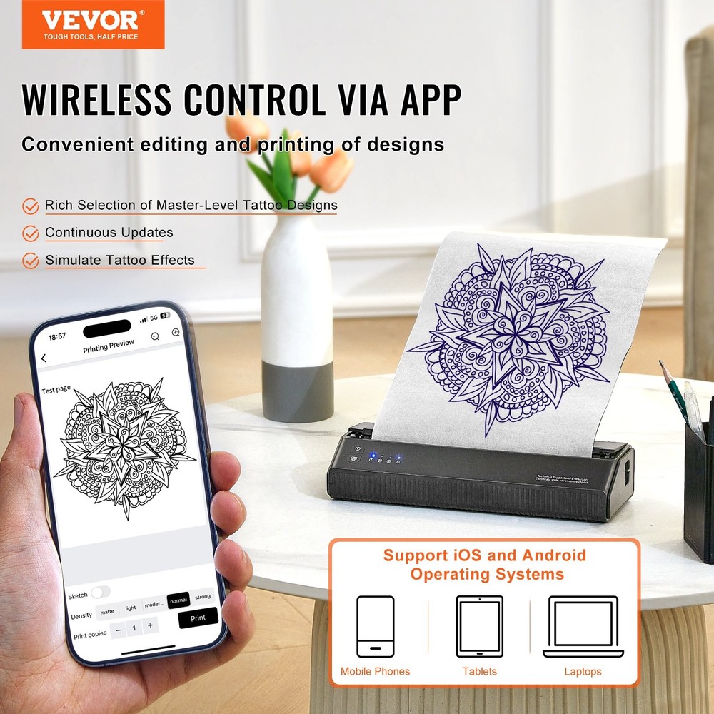 Wireless Tattoo Stencil Printer w/ 10 Transfer Sheets for iOS & Android