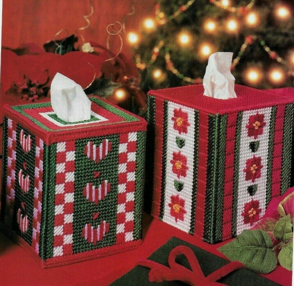 2 CHRISTMAS COVERS TISSUE BOX COVERS PLASTIC CANVAS PATTERN INSTRUCTIONS