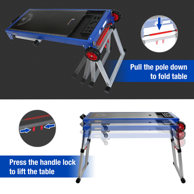 WORKPRO 5-in-1 Workbench Miter Saw Stand Quick Folding Work Table Creeper Dolly