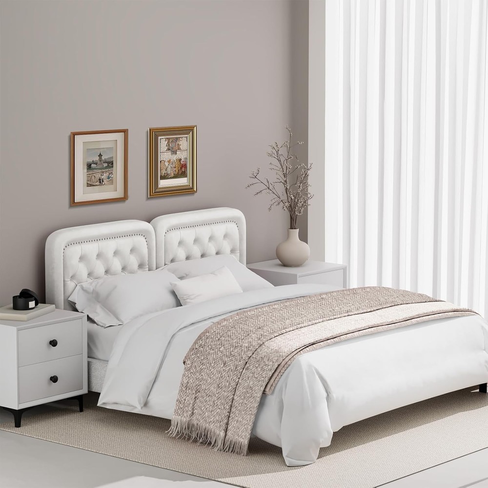 Tufted King Size Upholstered Headboard Button Adjustable Height Solid Wood Beige