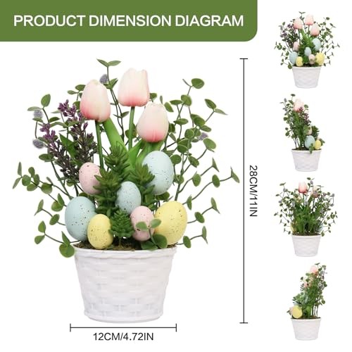 Easter Decorations, Artificial Easter Egg Tulip Flower Potted Table Pink
