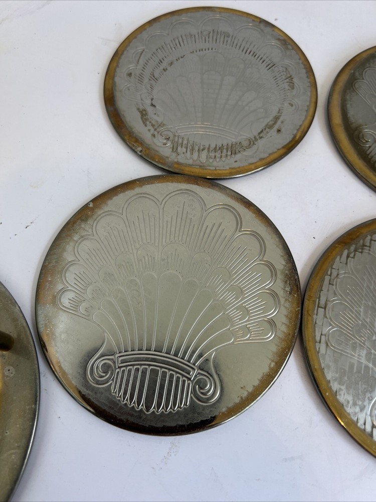 VTG Silver Plated 7 Piece 6 Coaster Set & Holder Etched With Shell Design