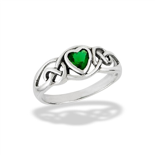 Sterling Silver Celtic Heart Ring With Simulated Emerald