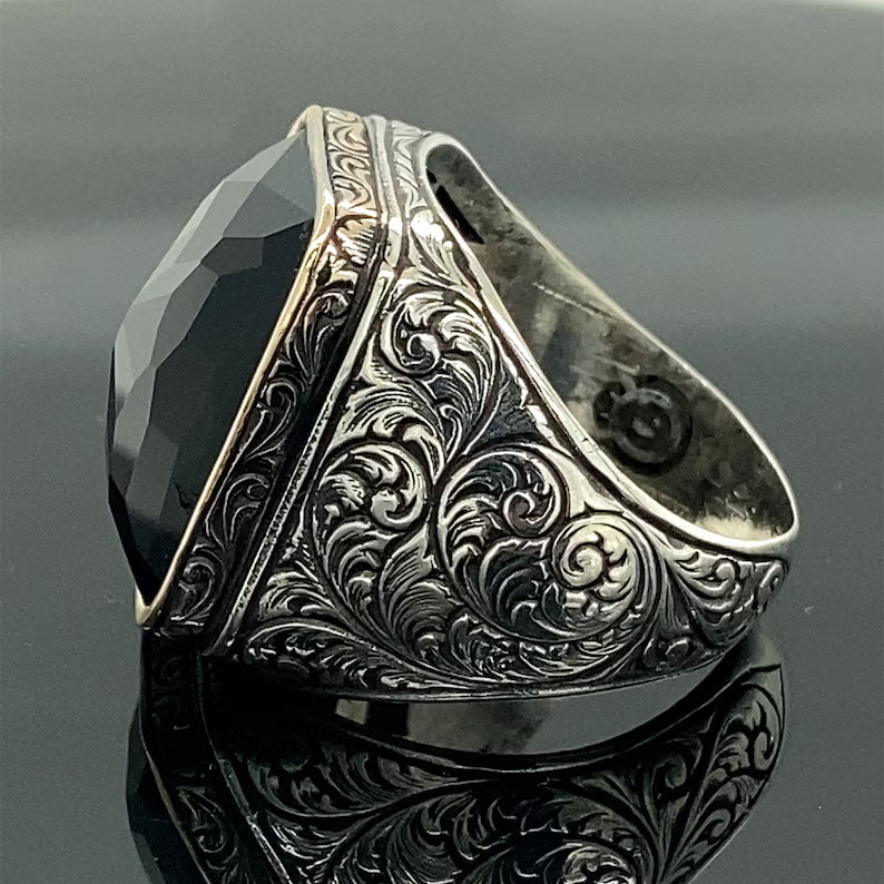 Men Onyx Black Stone Ring Solid 925 Sterling Silver Ottoman Handmade Gift