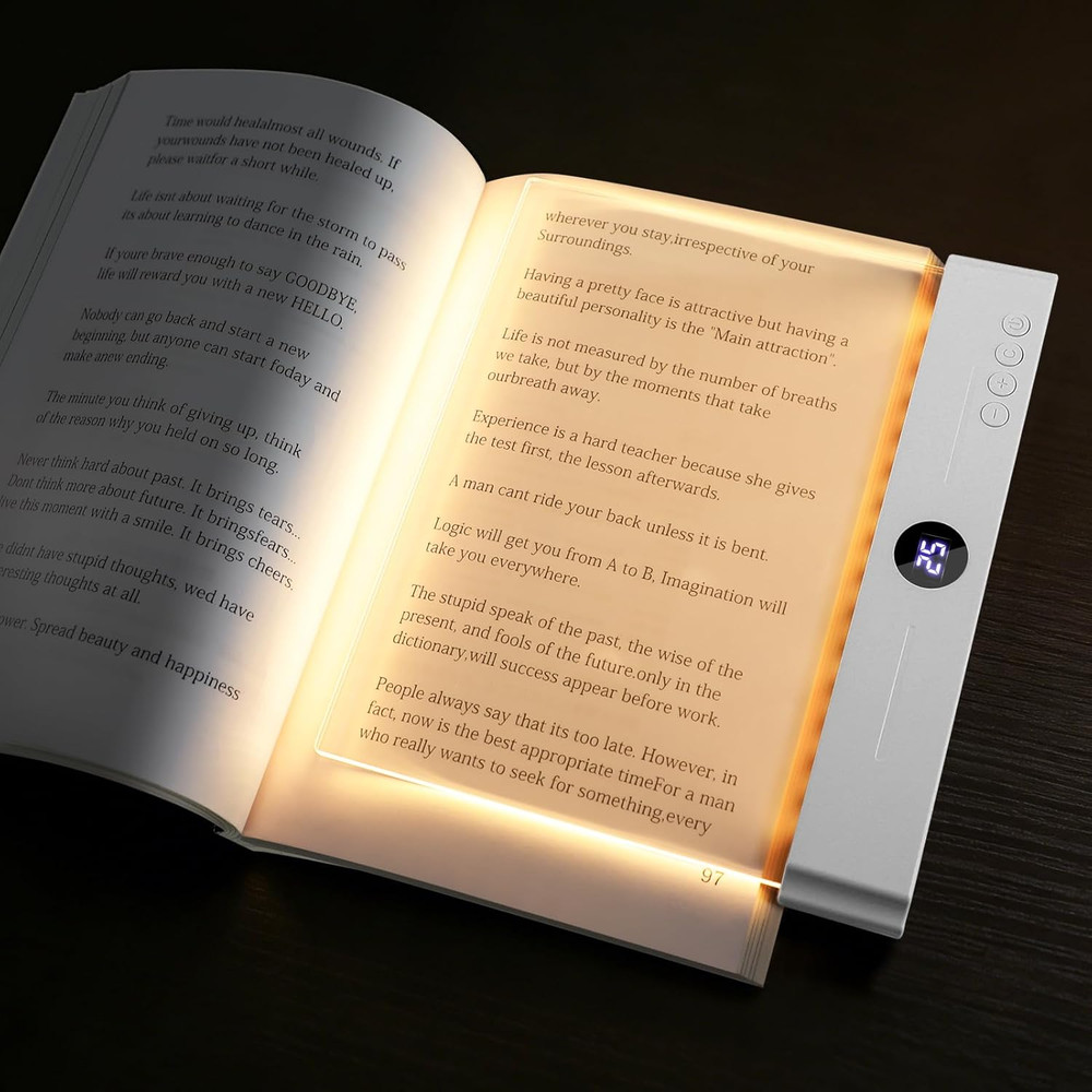 Flat Book Light, Rechargeable Clear LED Smart Reading Light with 3 Colors & Time