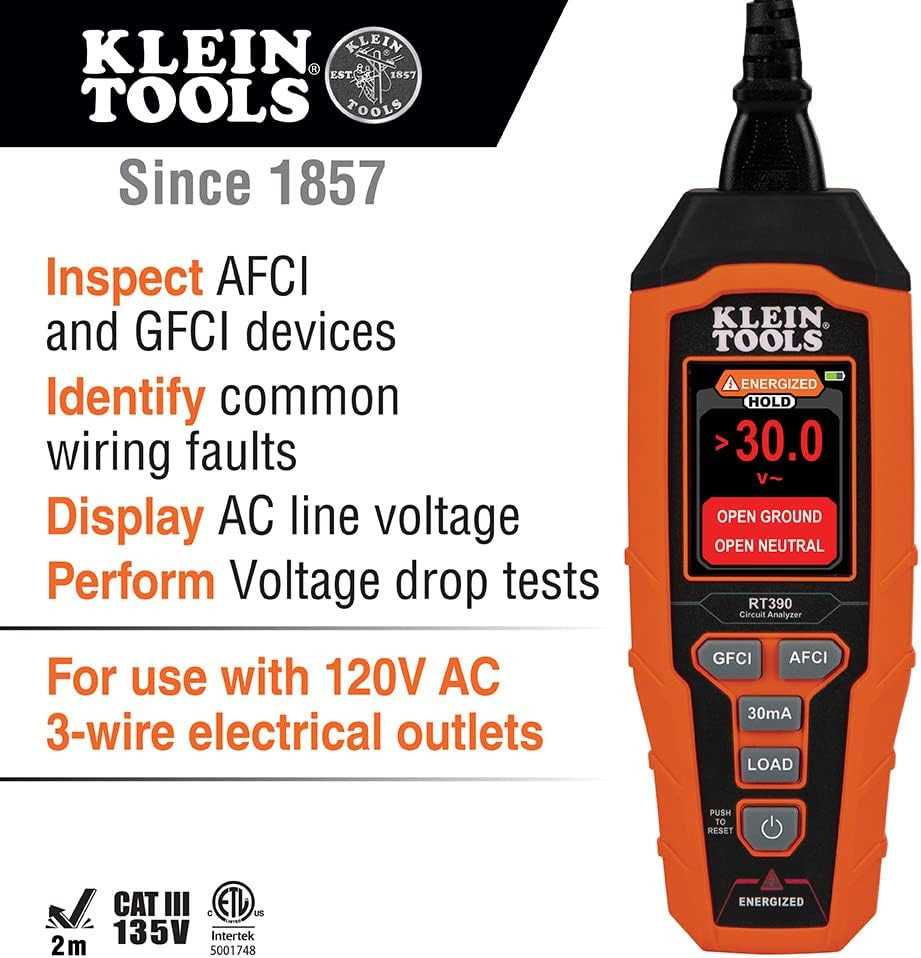 Klein Tools RT390 Circuit Analyzer: LCD - GFCI/AFCI Tester - Voltage Drop