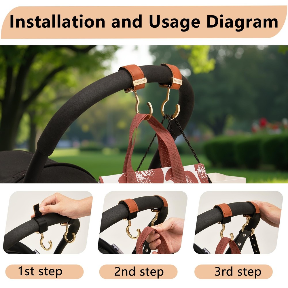 2 Pack Stroller Hooks,Strong Synthetic Leather Hook-and-Loop Fastener&High-Qu...