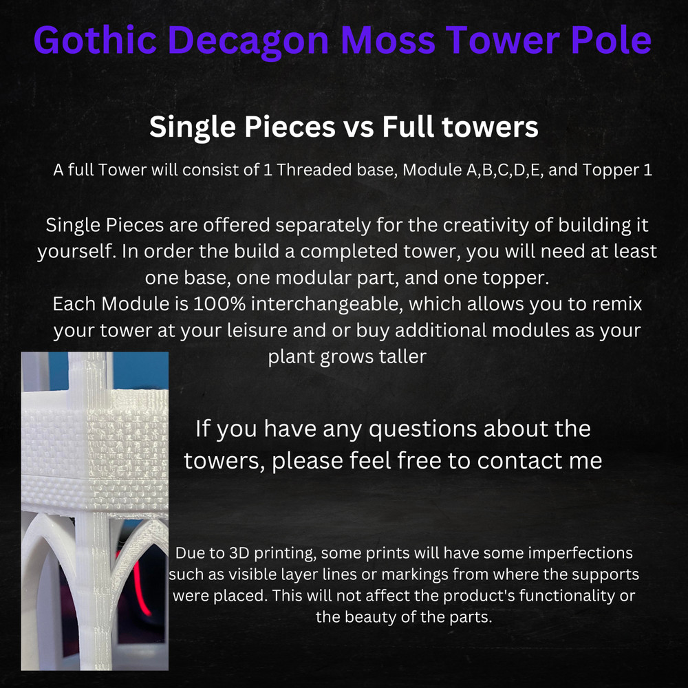 3D Printed Stackable Plant Support: Gothic Decagon Moss Pole Tower