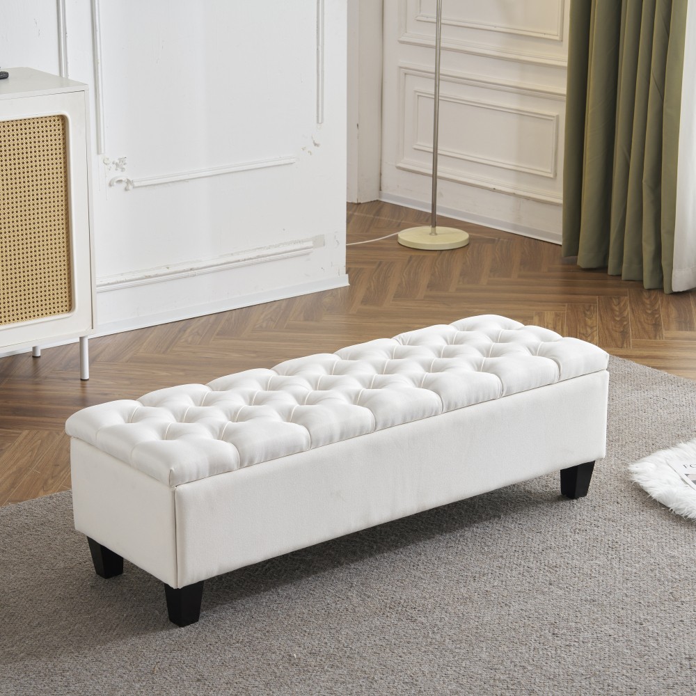 Light Gray Storage Ottoman Bench, Button Tufted Diamond Stitch Extra Seating