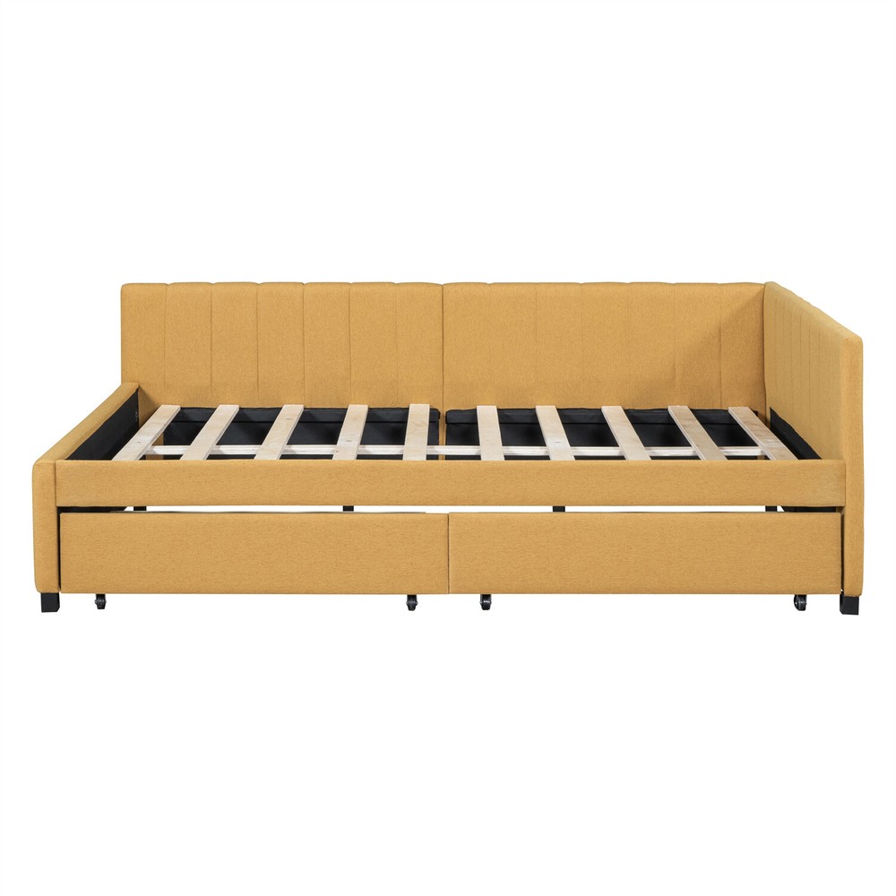 Full Size Daybed Upholstered Bed Frame Sofa Bed w/ 2 Storage Drawer Yellow