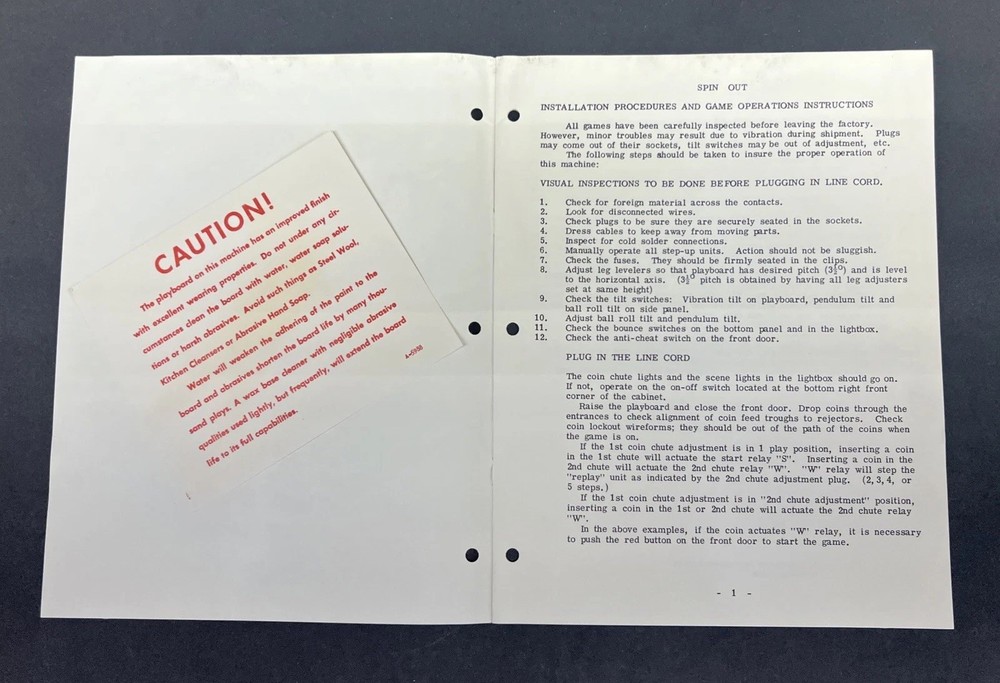 1975 SPIN OUT Gottlieb 2 Schematics & Installation /Operation Manual