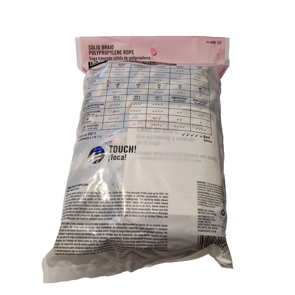 Everbilt 3/8 Inch X 50 Feet Solid Braid Polypropylene Rope