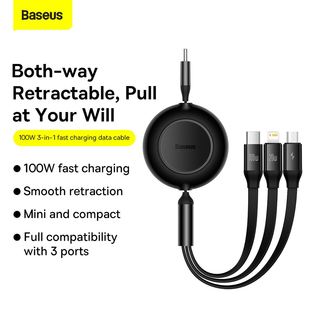 Baseus Retractable 3in1 USB-C Fast Charging Cable Line For iPhone Micro USB-C