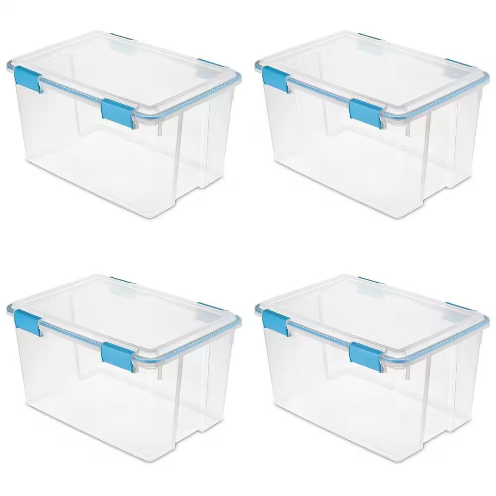 54 Qt. Plastic Stackable Storage Bin with Gasket Latch Lid, Clear (4-Pack)