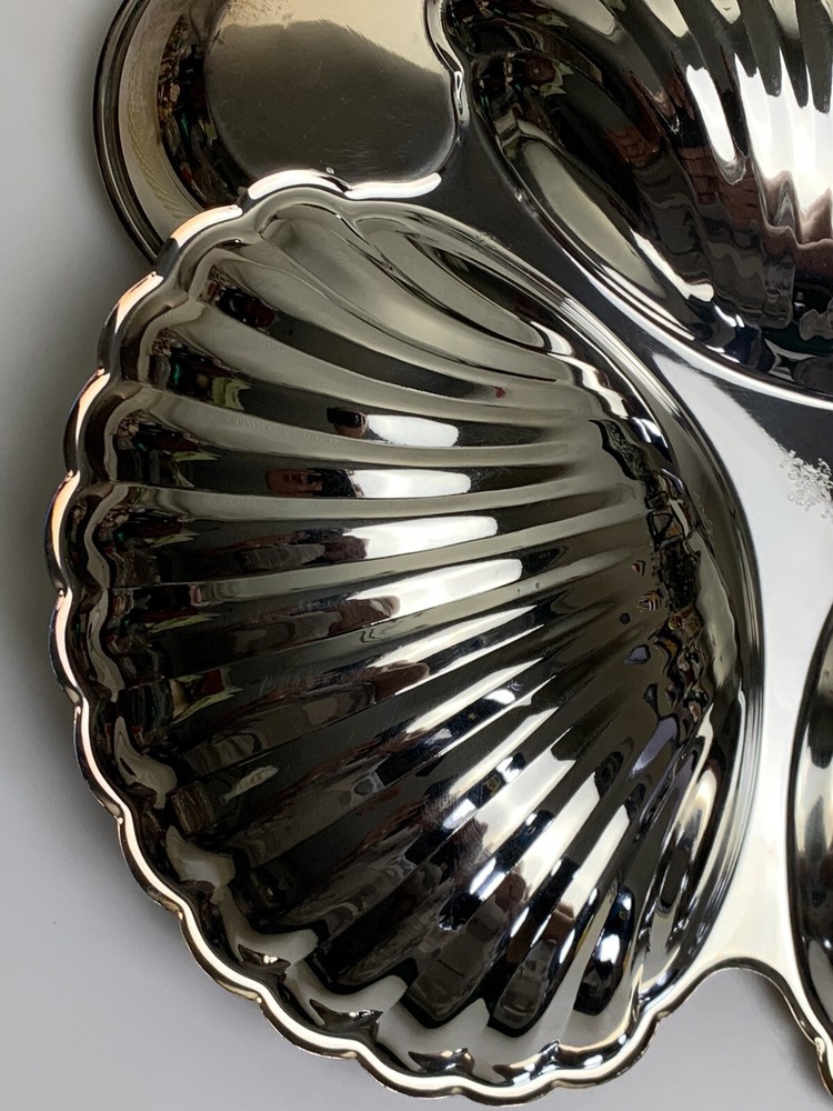 Vtg Seashell Silver Serving Tray Dip Cup Birks Regency Plate Shell Fish Formal