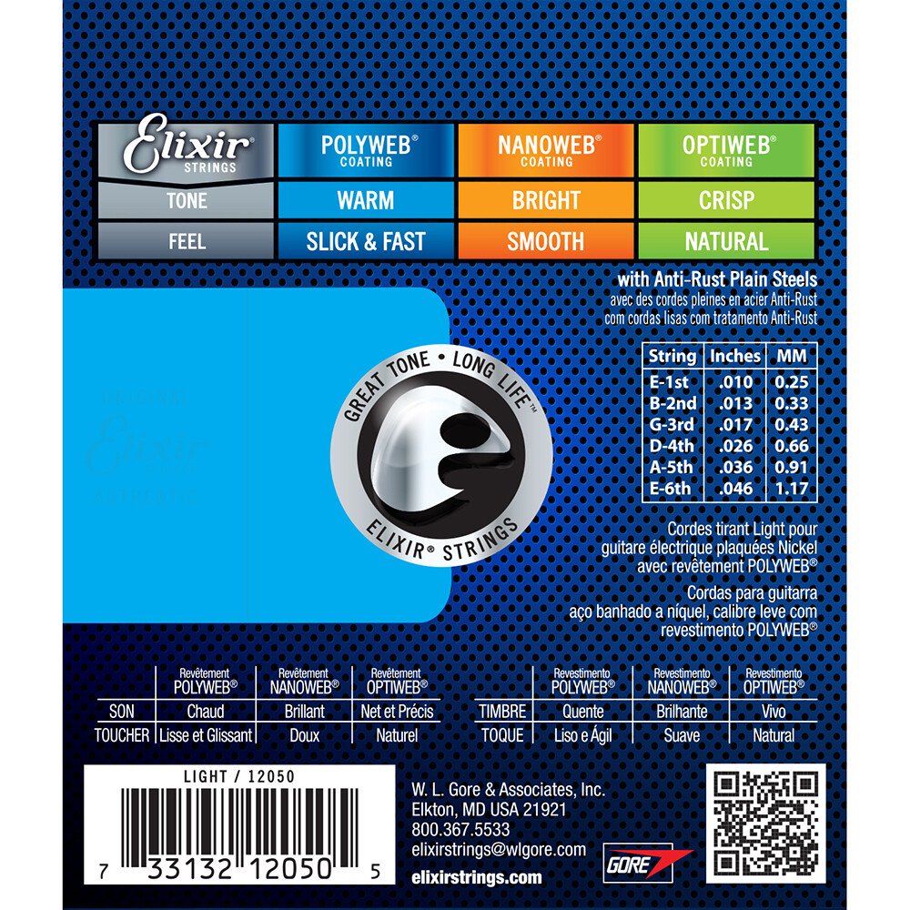 Elixir Light Polyweb Electric Guitar Strings 12050 1 Set Pack 10-46 plain steel