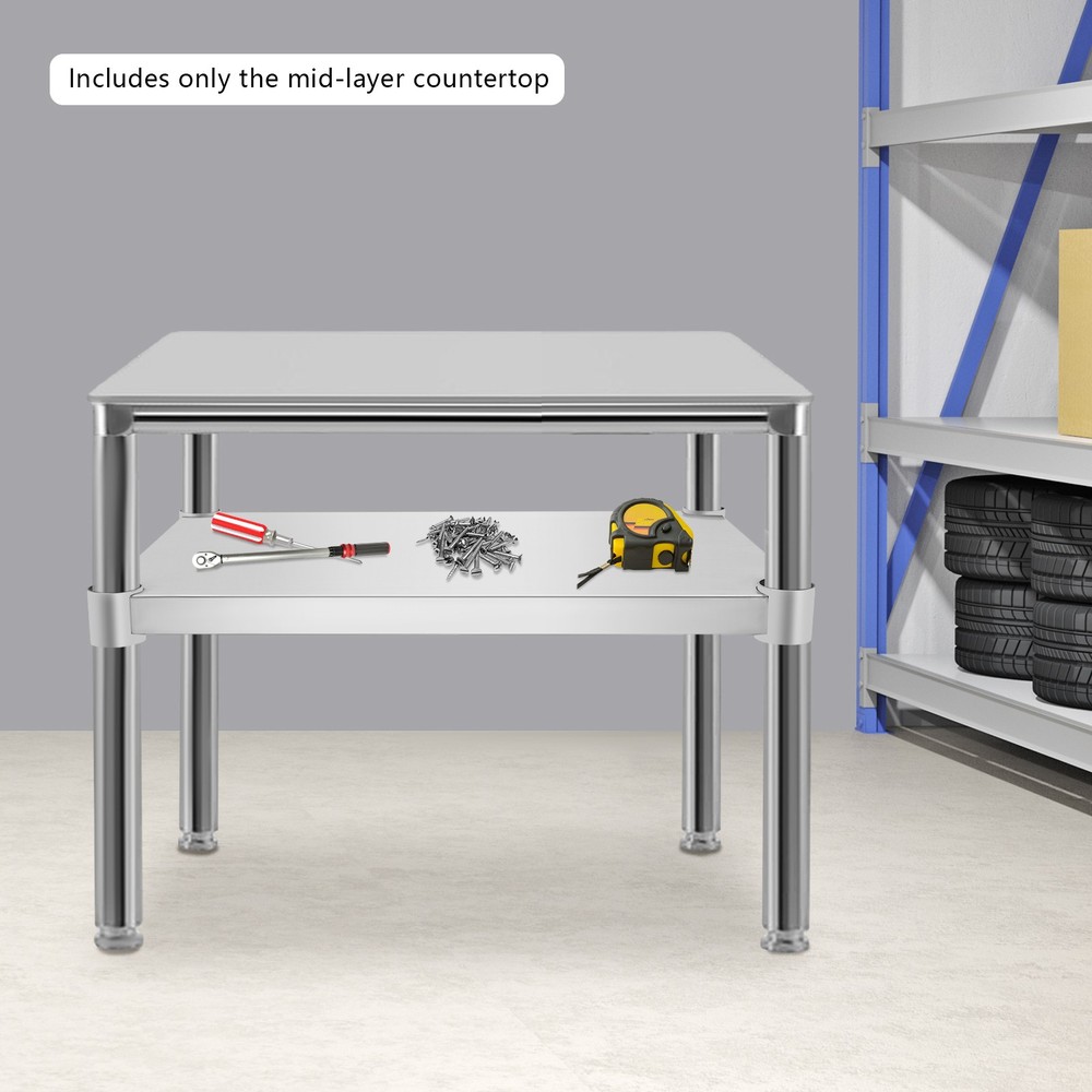 Adjustable workbench tabletop 21.65x15.75in stainless steel mid-lower tier silve