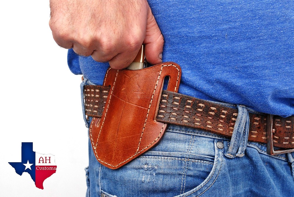 Brown LEATHER ENGRAVED PANCAKE Folding Blade Knife Belt Sheath Folding Tool Case