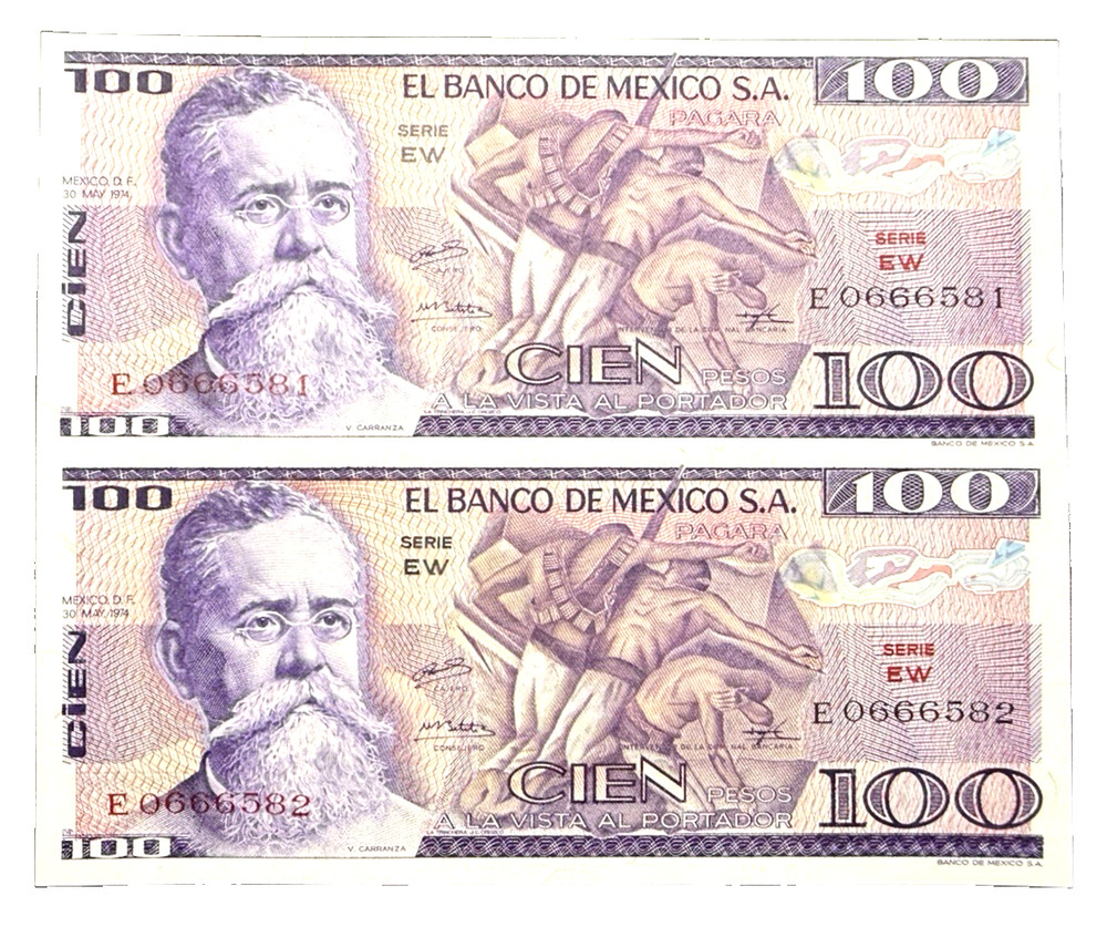 Mexico 100 Pesos 1974 SEQUENTIAL Gem UNC Notes Pick-66A