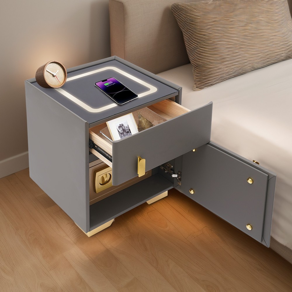 Phone Charging Bedside Cabinet, Dark Grey Bedside Table w/ Safe+Combination Lock