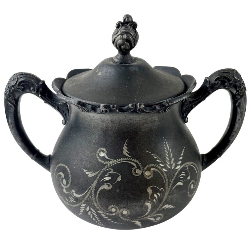 Antique Quadruple Silver Plate Sugar & Creamer Set Lidded Benedict Scroll Etched