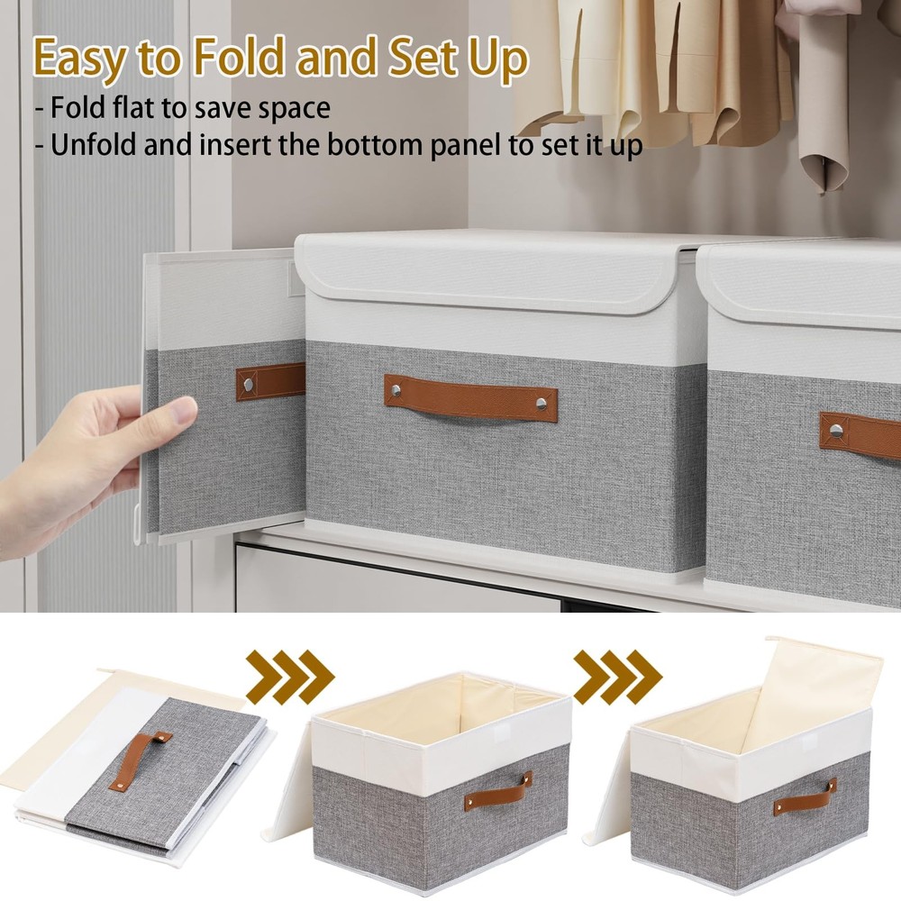 Storage Boxes with Lids, Linen Fabric Bin, Cube Organizer Basket, Washable an...