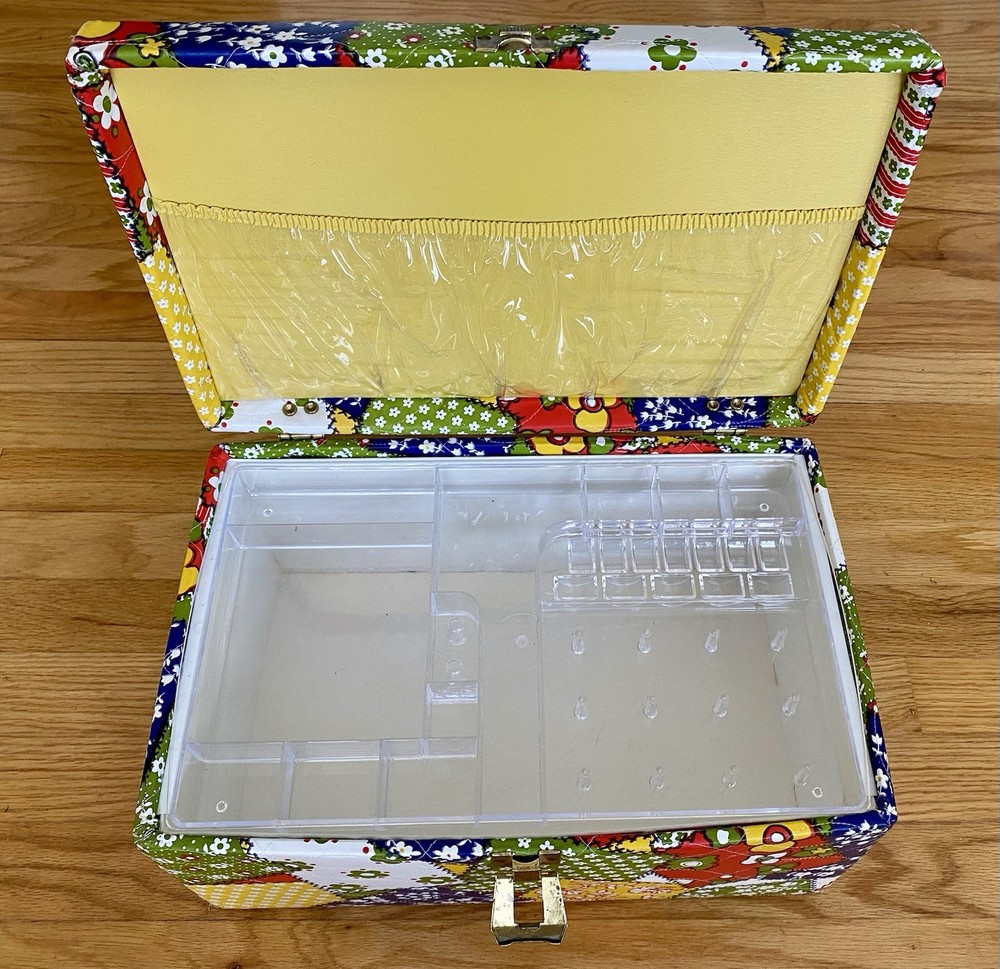 Mod 60s Vintage Vinyl Patchwork Sewing Box with Accessory Tray