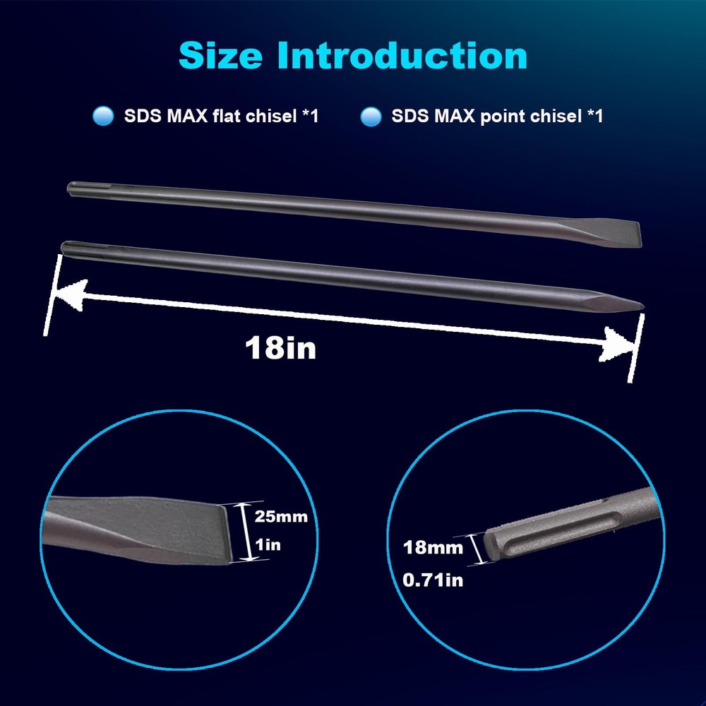 18-Inch SDS Max Set, 1 Inch Flat Chisel and Point Chisel, Ideal for Concrete ...