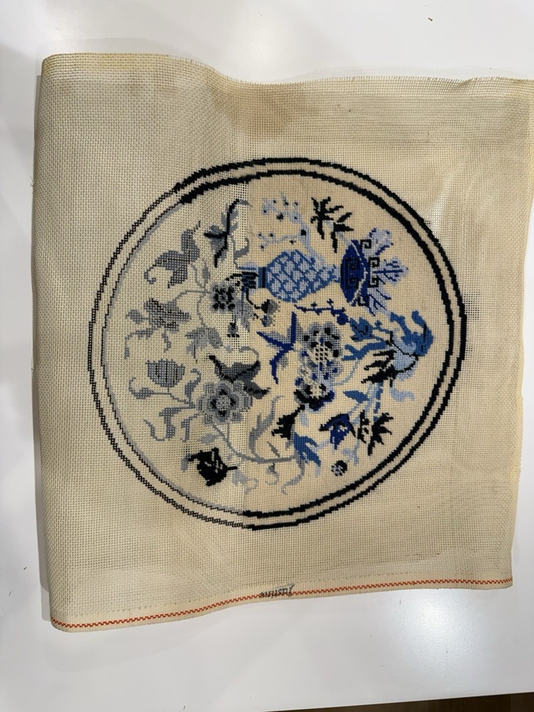 Vintage Needlepoint Tapestry Canvas - Delft Blue Floral Design - started
